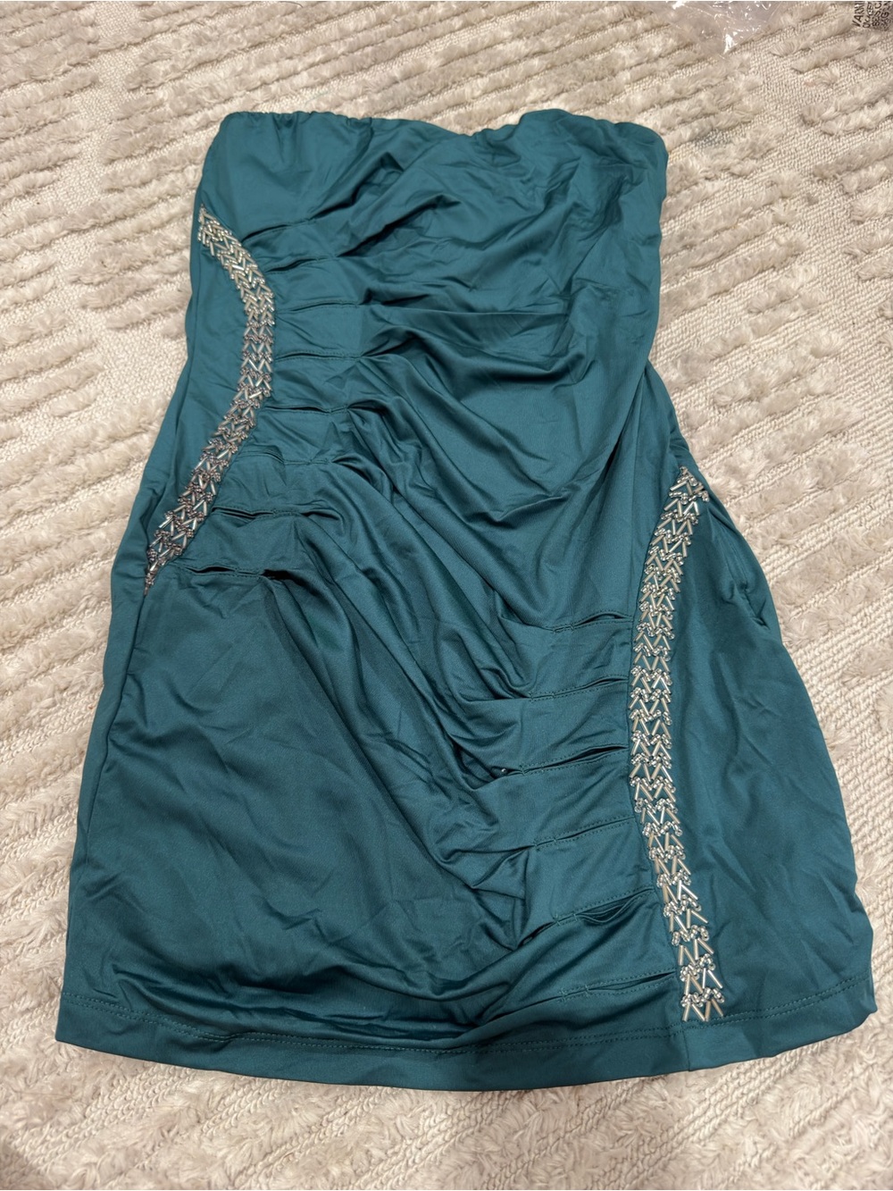 Nikibiki Teal Strapless Ruched Mini Dress with Silver Embellished Trim